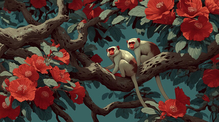 A beautiful vintage-style illustration of two monkeys perched on a branch among vibrant red flowers against a dark, moody background. Exotic and artistic.