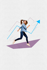 Creative banner collage of lady run fast on drawing figure white background with arrows