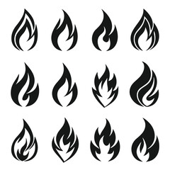 Collection of twelve stylized black flame icons on white background fire symbol