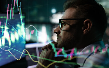 Close-up of stock market analyst thinking with stock market graph in front of skyline