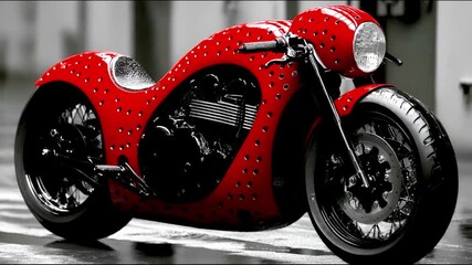 Unique custom motorcycle features striking red design and intricate details on display in urban setting