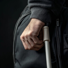 Man holding white cane in close-up against dark background
