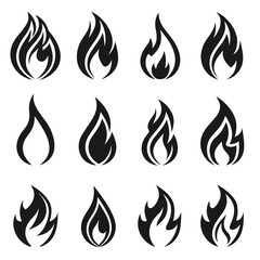 Twelve black stylized flame icons on white background fire symbol 2
