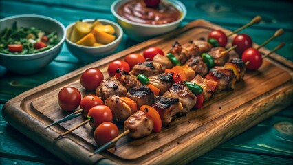 A richly detailed, close-up photograph of juicy grilled chicken skewers paired with vibrant cherry tomatoes, bell peppers, and onions. The rustic wooden cutting board and warm, soft lighting bring a h
