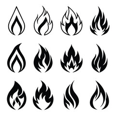 Twelve black stylized flame icons on white background fire symbol 3