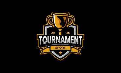 Sport tournament trophy logo. Champion symbol with gold color and emblem concept