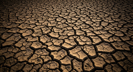 An overhead shot of a parched land with deep cracks running through the dry earth surface