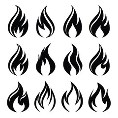 Twelve Black Stylized Flame Icons on White Background fire symbol 5