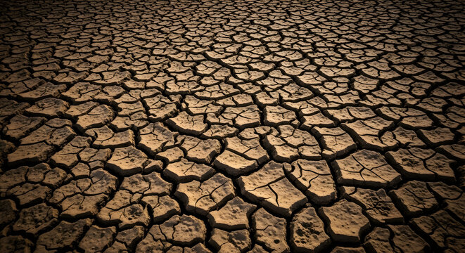 An overhead shot of a parched land with deep cracks running through the dry earth surface