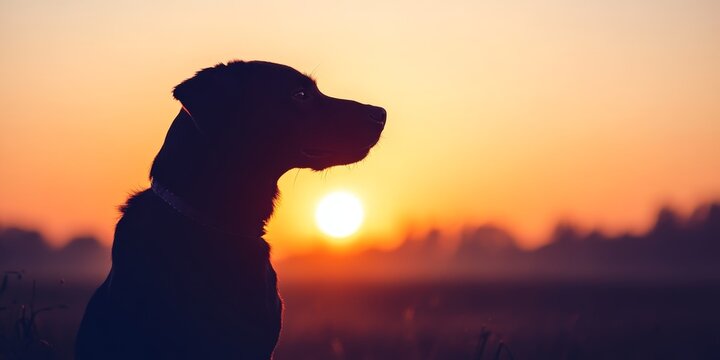 A black dog is sitting in the grass at sunset. The sky is orange and the sun is setting - Powered by Adobe