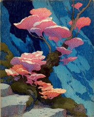 A beautiful vintage illustration of glowing pink mushrooms growing on a mossy branch against a dark blue, rocky background. A magical, fantasy scene.