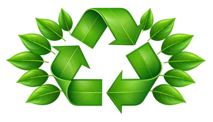 Recycle symbol made of green leaves and arrows, isolated on transparent background