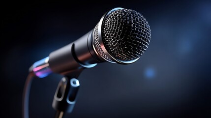 Obraz premium Elegant and professional microphone isolated against a deep blue background