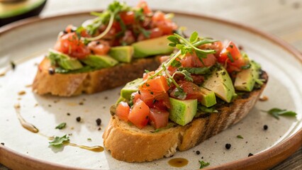 Gourmet Avocado Bruschetta with Fresh Tomato Salsa and Herbs
Delicious Smashed Avocado Toast with Diced Tomatoes and Parsley
Healthy Vegetarian Brunch: Artisan Bread with Avocado and Toppings