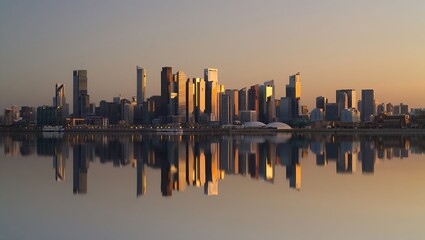 Obraz premium Cityscape reflecting in calm water during golden hour skyscrapers urban