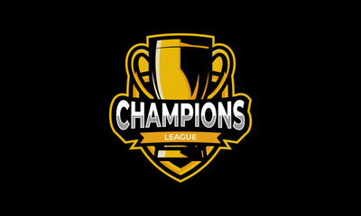 Obraz premium Champions trophy logo design. Tournament symbol with trophy, shield, and ribbon concept for sport winner