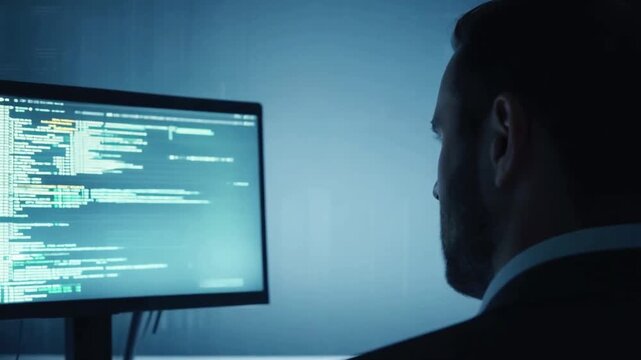 A professional figure seen from behind in a dark room with monitors showing code, suggesting cybersecurity, analysis, programming and hacker culture themes