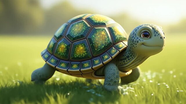 A smiling, cartoon-like turtle walks across a lush, green grassy field under sunlight.