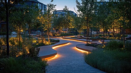 Urban park designs with solar lighting, green infrastructure, pedestrian-friendly layouts, recreational amenities, sustainable landscape architecture, and community-centered outdoor spaces.