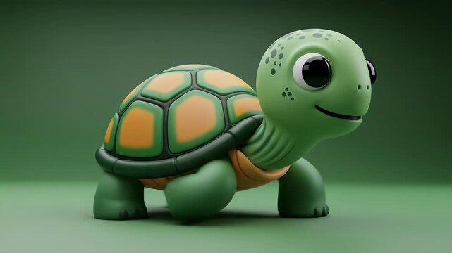 A charming cartoon turtle with a friendly expression stands against a green backdrop.