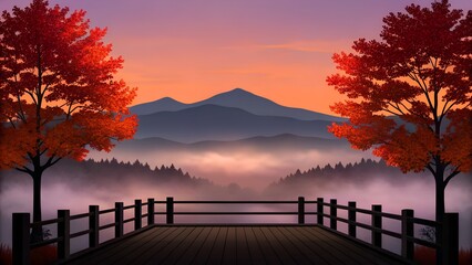 Scenic view from a wooden deck with autumn trees and misty mountains at sunset or sunrise time