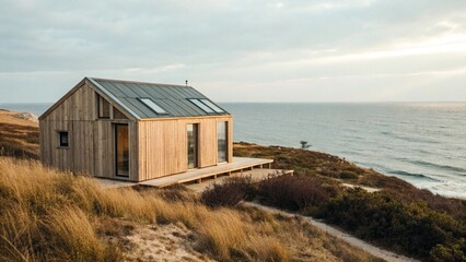 Minimalist Wooden Cabin on Coastal Bluff with Ocean View
Modern Eco-Friendly Tiny House by the Sea at Sunset
Serene Coastal Retreat: A Small Wooden Home Overlooking the Ocean