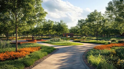 Urban park designs with solar lighting, green infrastructure, pedestrian-friendly layouts, recreational amenities, sustainable landscape architecture, and community-centered outdoor spaces.