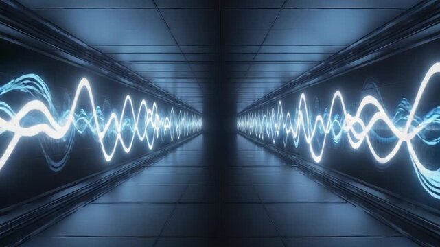 Colorful loop animation of digital 3D space with audio meters and geometry