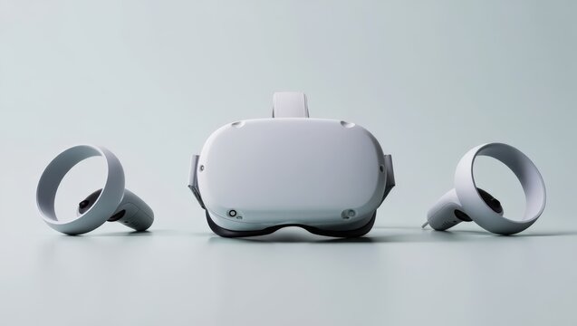 Modern White Virtual Reality Headset and Controllers on a Light Blue Background, Perfect for Gaming, Technology, and Immersive Experience Concepts with Sleek Design