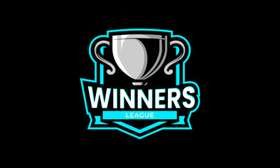 Sports winner logo design. Trophy symbol with shield and ribbon concept for tournament. Sport cup emblem template