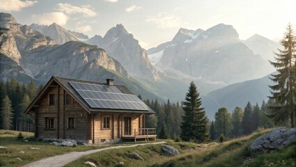 Obraz premium Photorealistic Eco Cabin in Alpine Landscape with Solar Panels Sustainable Wooden House with Photovoltaic Roof in Majestic Mountains Modern Log Home with Solar Energy in a Serene Alpine Environment