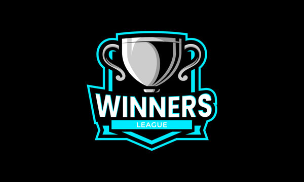 Sports winner logo design. Trophy symbol with shield and ribbon concept for tournament. Sport cup emblem template