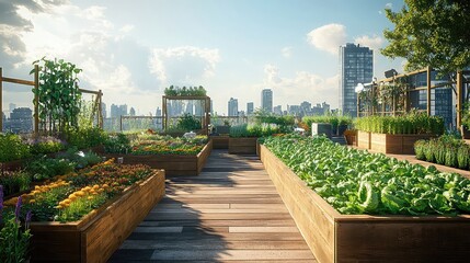 Urban rooftop farming spaces promoting sustainable food production, vertical agriculture, green city innovation, solar-powered cultivation, organic growth, and efficient urban farming solutions.