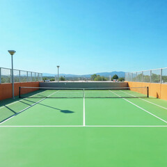 Green Tennis Court with Orange Walls and Mountain Vista