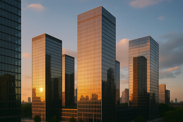 Fototapeta premium Golden sunset light reflects off sleek glass skyscrapers in a modern urban landscape