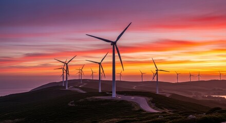 Wind turbines stand on a hilltop at sunset, generating clean energy against a vibrant, colorful sky. A road winds through the landscape.
