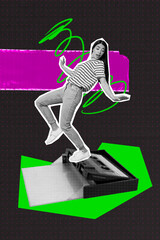 Contemporary image sketch artwork collage of happy girl dance old-fashioned retro cassette 90s...