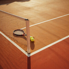 Clay Tennis Court Corner with Racket and Balls