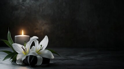 Black funeral background with candle and white lilies, minimal condolence design