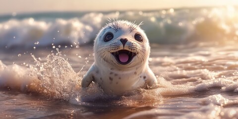 Fototapeta premium Baby seal is playing in the ocean. The seal is happy and enjoying the water. The scene is lively and playful, with the seal's joyful expression