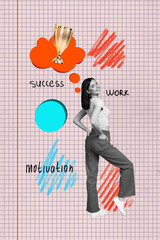 Image collage of young girl standing look on red color background