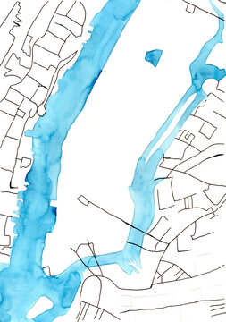 Artistic watercolor map of Manhattan New York