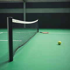 Indoor Tennis Court with Net, Ball, and Racket in Focus