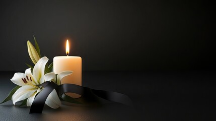 Black funeral background with candle and white lilies, minimal condolence design