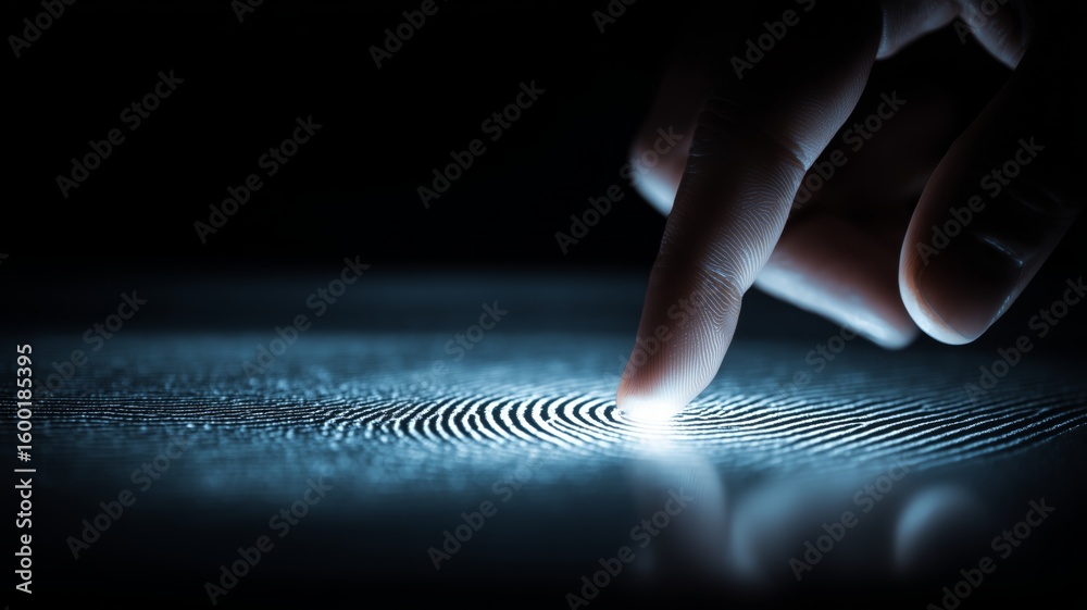 Poster a finger gently presses against a luminous surface displaying intricate fingerprint patterns