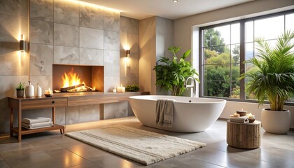 Modern Bathroom with Fireplace and Bathtub Interior Design