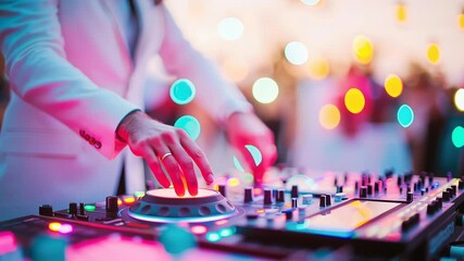 DJ mixing music under colorful lights at an outdoor wedding reception, energetic dance floor with a vibrant wedding vibe