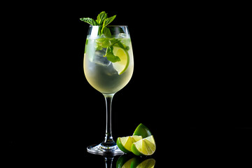 Refreshing mojito cocktail with lime and mint on a black background