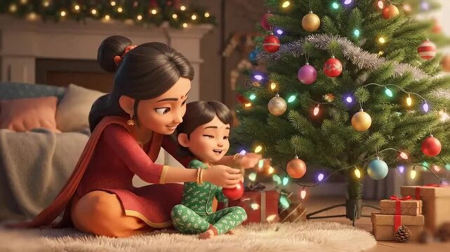 Indian mother and child tinker with ornaments and fairy lights by a softly lit Christmas tree in a cozy animated vignette
