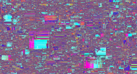 Abstract digital artwork featuring glitch effects with vibrant colors and pixelated shapes